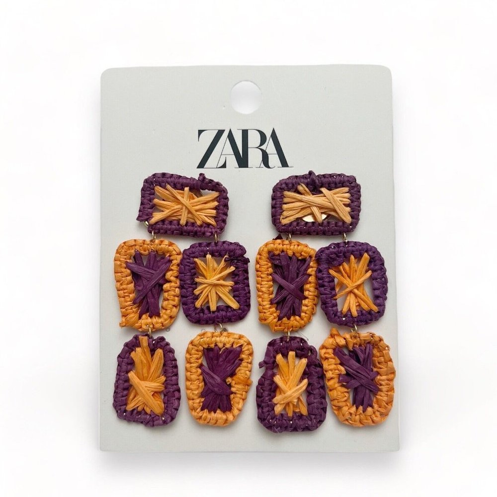 ZARA Colorful Woven Raffia Oversized Drop Dangle Earrings 4340/204 NEW - Picture 2 of 6